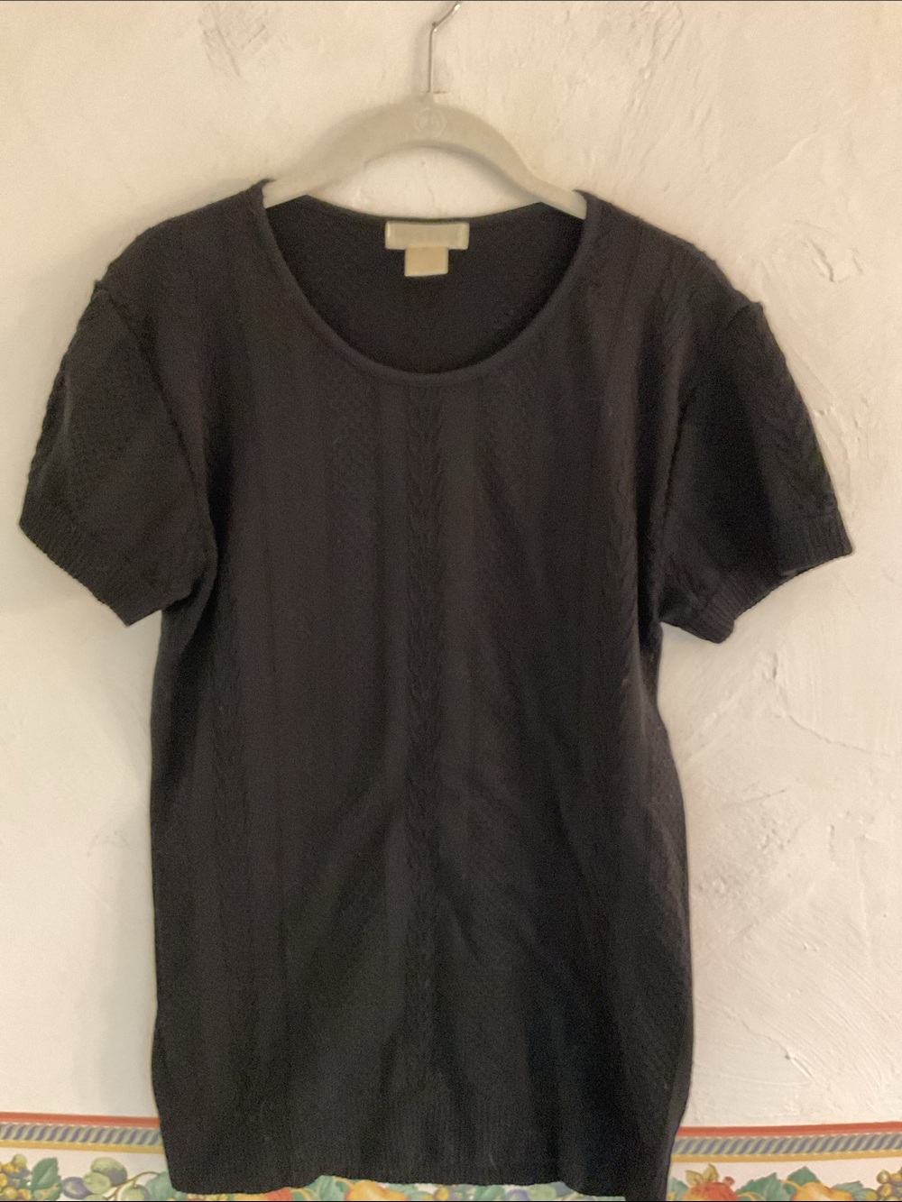 Sugar & Rose Short Sleeve Cable Knit Pullover Scoop Neck Top, Size S, Black